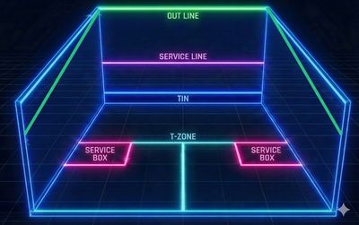 Neon tech-style squash court with LED-lit official markings: Tin (glowing blue), Service Line (bright purple), Out Line (electric green), Service Boxes (neon pink), and T-Zone (cyan)